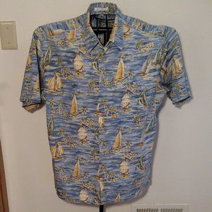 Pierre Cardin short sleeve tropical shirt, blue green & tan, exc. cond., size L